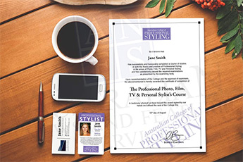 Online professional stylist course s ID and Certificate of completion on the table